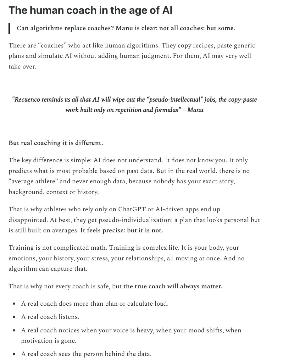 Some coaches fear that AI gives their job, but in reality they are the ones trying to do the work of LLMs! 

They act like human algoritms, who only copy and paste recipes, summarize other people's thoughts and they don't know why they do what they do.

: <a href="/inaki_delaparra/">Iñaki de la Parra</a> sbstck