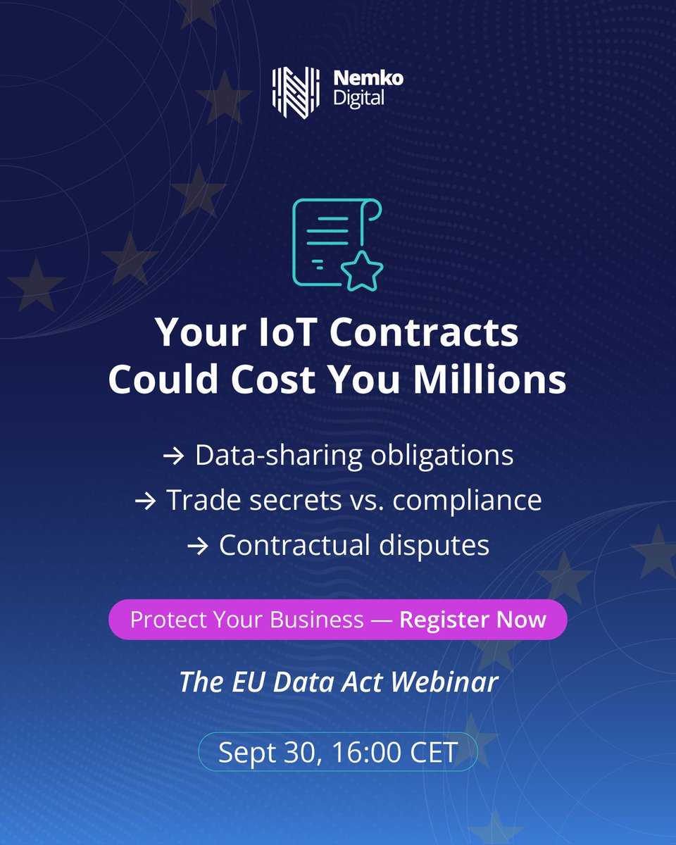DigitalNemko's tweet image. ⚠️ Your IoT contracts could cost you millions under the EU Data Act.

📅 Join Nemko Digital’s EU Data Act Webinar on Sept 30 at 16:00 CET to learn how to protect your business and turn compliance into an advantage.

👉 Register now: digital.nemko.com/eu-data-act-we…

#EUDataAct #IoT