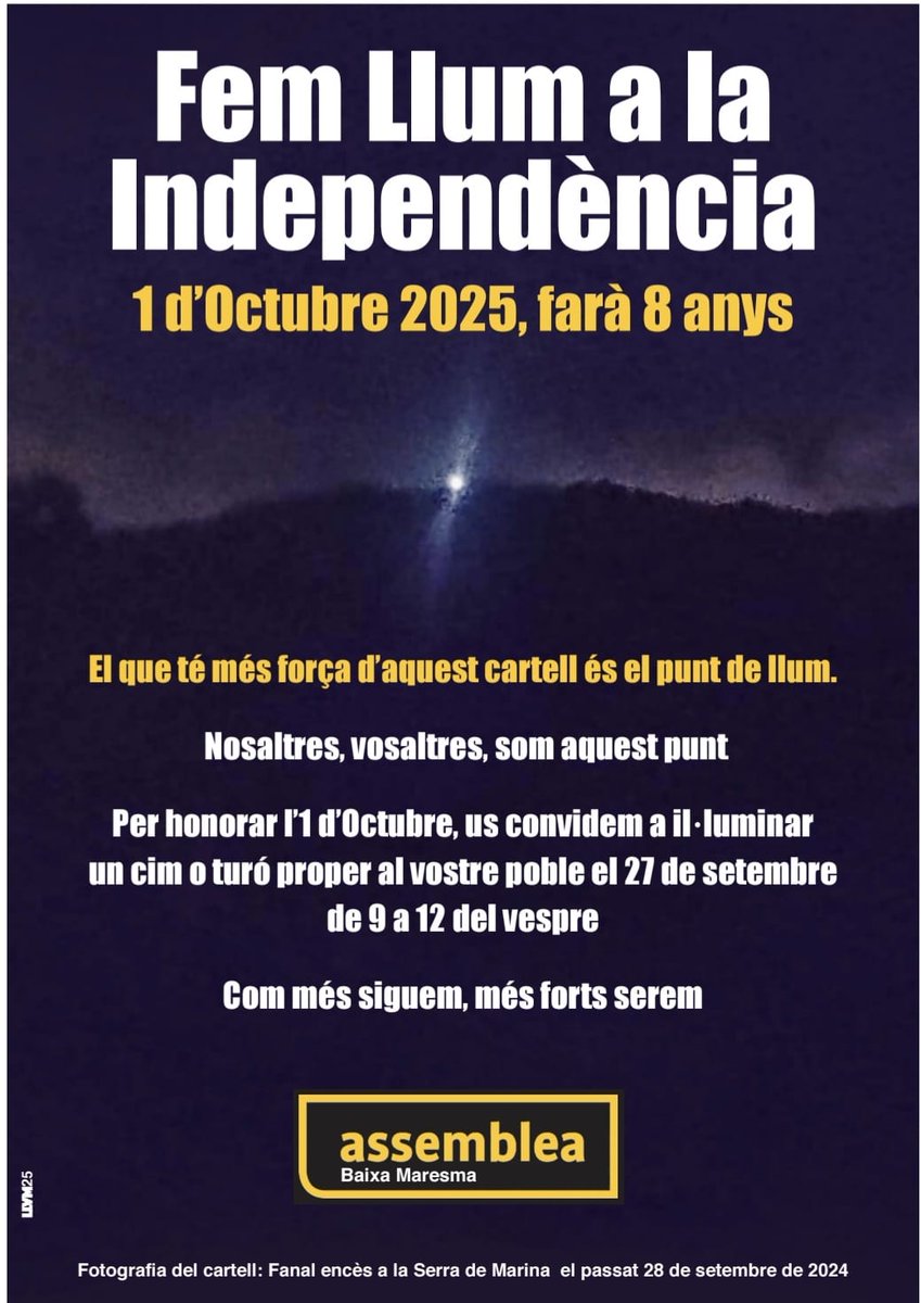 Fem llum a la Independència a la Serralada de Marina !!

<a href="/ANCtiana/">ANC</a>
<a href="/ancmasnou/">ANC del Masnou 🎗</a>
<a href="/ANCAlella/">ANC Alella</a> 
<a href="/ancteia/">ANC Teià</a>
<a href="/ANCMontgat/">ANC Montgat</a>

<a href="/assemblea/">Assemblea Nacional Catalana</a> 
<a href="/ArtistesDeLaRep/">Artistes de la República</a> 
<a href="/MaresmexIndep/">MaresmexIndep</a>