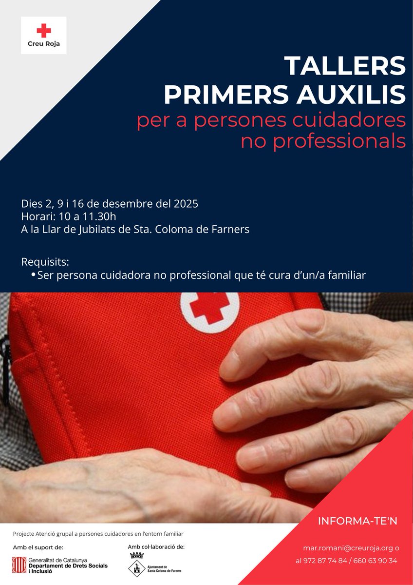 CreuRojaSCF's tweet photo. Estàs cuidant un familiar o persona propera, d'edat avançada o discapacitada?
Aquests tallers et poden servir per millorar  les teves habilitats per a la cura i l'auto-cura.
Són gratuïts, però cal incriure's, les places són limitades!
Amb la col·laboració de l' @AjSCFarners https://t.co/hvJrHbkCbe