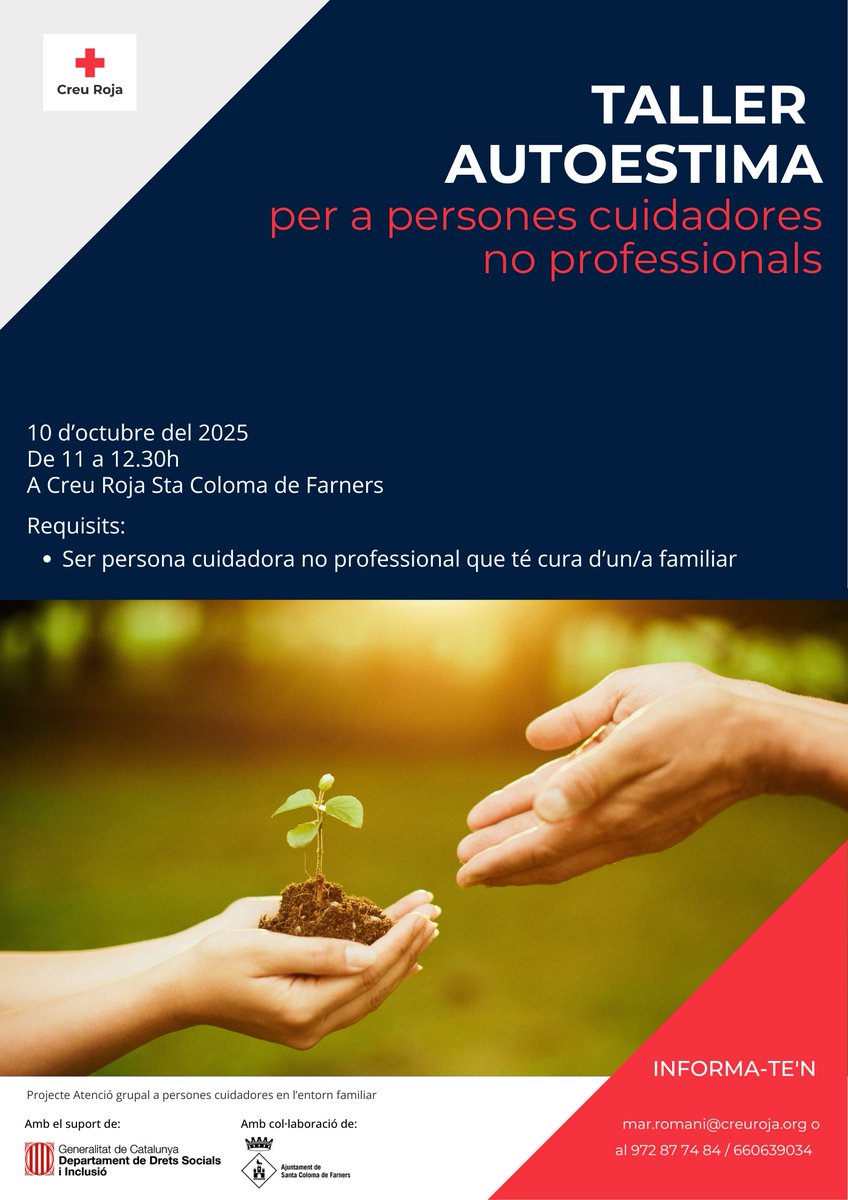 CreuRojaSCF's tweet photo. Estàs cuidant un familiar o persona propera, d'edat avançada o discapacitada?
Aquests tallers et poden servir per millorar  les teves habilitats per a la cura i l'auto-cura.
Són gratuïts, però cal incriure's, les places són limitades!
Amb la col·laboració de l' @AjSCFarners https://t.co/hvJrHbkCbe