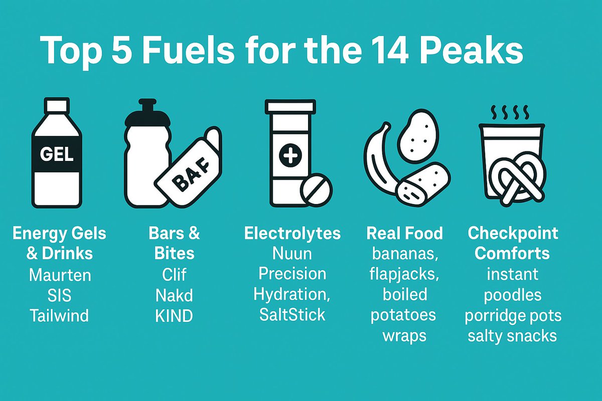 chorizonsuk's tweet photo. Fuel = performance. ⚡️
– Gels &amp; carb drinks (@MaurtenOfficial, @ScienceinSport)
– Energy bars (@ClifBar, @nakd)
– Electrolytes (@nuunhydration, @precisionfandh)
– Real food: bananas, flapjacks, wraps, potatoes
Eat smart. Fuel steady.
#ChasingHorizons #FuelForTheClimb https://t.co/Tl1zqt64NZ