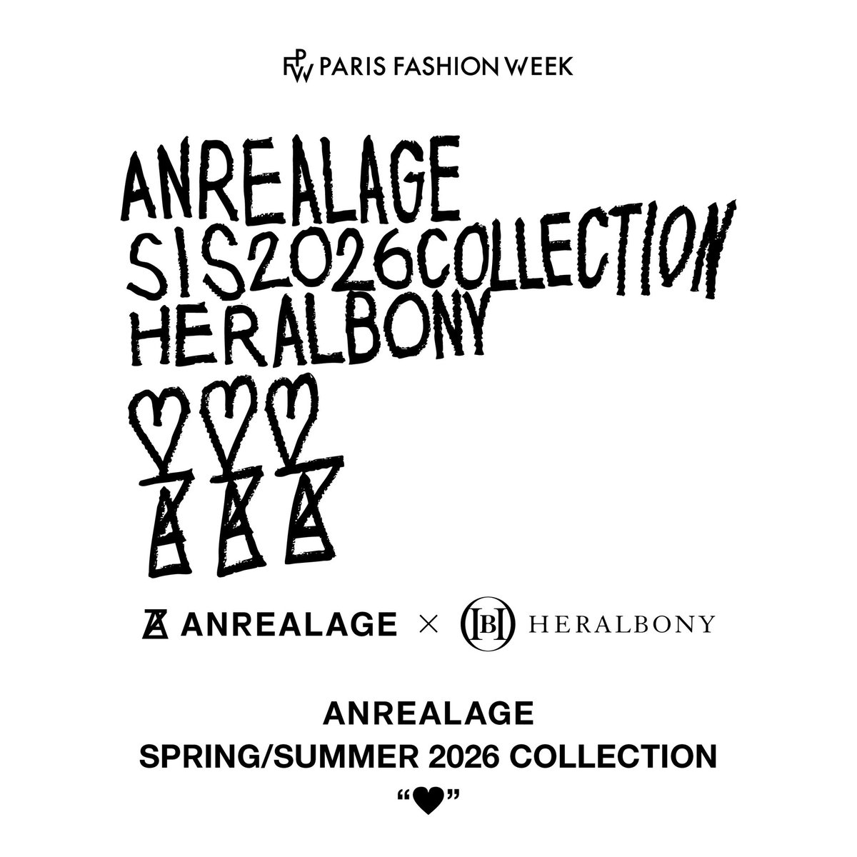 【速報】HERALBONYがANREALAGE（アンリアレイジ）とコラボレーション。パリ・ファッションウィークに初参加！

アンリアレイジ2026春夏コレクションにて、HERALBONYコラボレーションルックを発表いたします。

ランウェイショーには契約作家のアートが起用。

次なる舞台は、パリコレです。