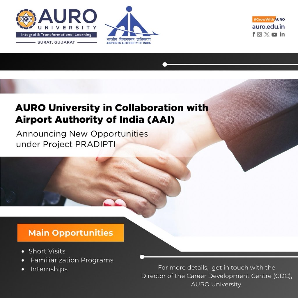 🚀 Big news for AURO Students!

Through our MoU with Airports Authority of India (AAI), students can now explore Project PRADIPTI:
Short Visits | Familiarization Programs | Internships

📌 Apply via CDC, AURO University.

#auro #aai #studentopportunities #growwithauro