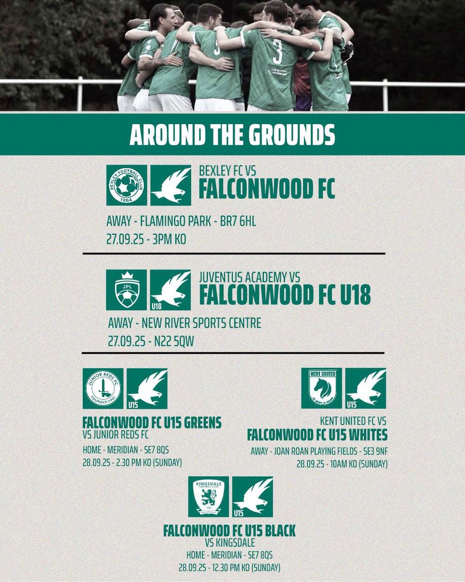 Falconwood_FC's tweet photo. From Welling to Juventus 🦅

A decent Saturday of football. @KCFL1516 Premier Division and @jnrpremleague cup action. 

Our U18 face Juventus in the JPL cup while a big test awaits us at Flamingo Park vs Bexley FC 🦩 

We can’t wait. https://t.co/HHMpRoskFi