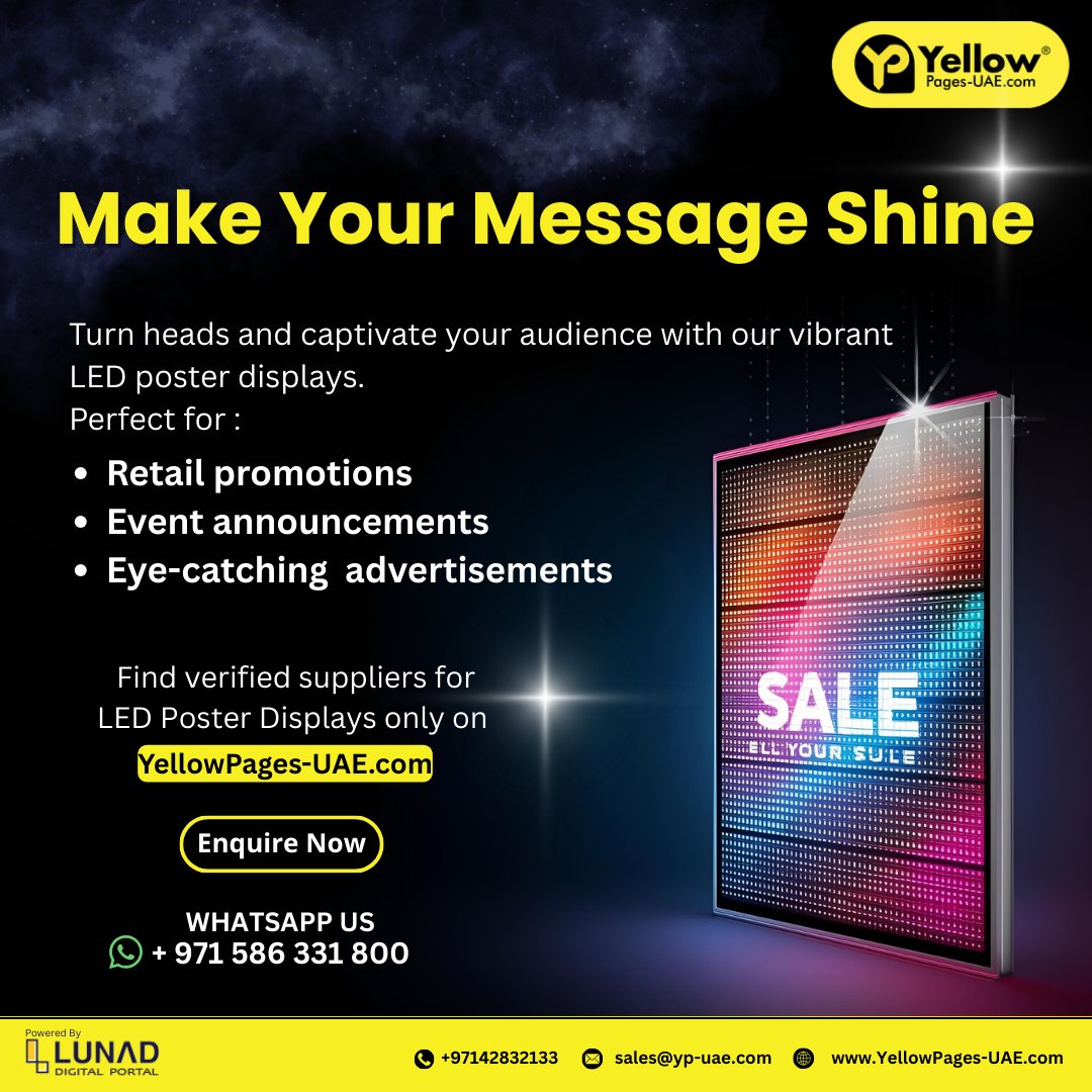 YellowPages_LMC's tweet image. Find trusted LED display suppliers and make your next campaign unforgettable on Yellow Pages UAE. Get a quote now - yellowpages-uae.com/uae/poster-dis…

.

#LEDDisplays #PosterDisplayStands #LEDPosterDisplay #RetailPromotion #EventMarketing #YellowPagesUAE #BusinessSolutions #UAEBusiness