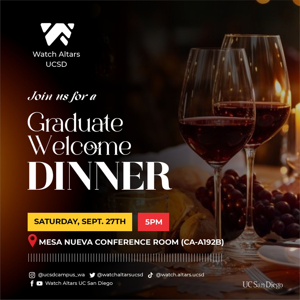 watchaltars_cp1's tweet photo. Connect with us for a Graduate Welcome Dinner at UCSD, 5PM TODAY!
See you soon!
#ucsd #sandiego #california #campus #fyp #welcome #gradutate #dinner #creators https://t.co/AW9DFD06Bt