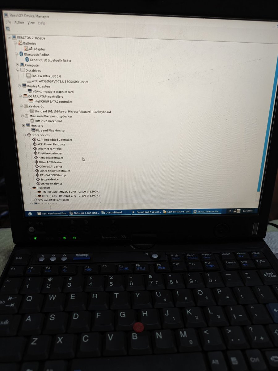 reactos's tweet image. #ReactOS 0.4.15 installs and runs on Lenovo ThinkPad x61T!
TrackPoint, Bluetooth, keyboard and USB work.
Networking and some ACPI devices do not.
Test: @9_bakabaka