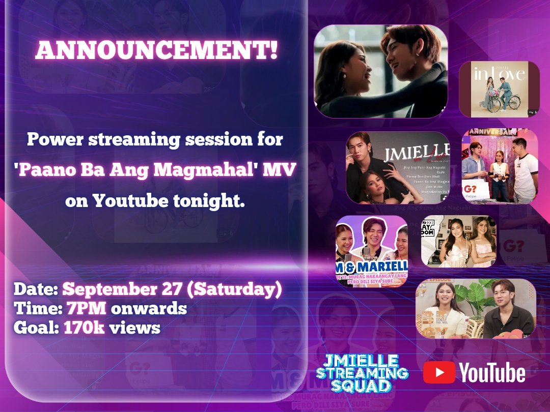 JMIELLEnialsOFC's tweet photo. Stream Update: 47K VIEWS to go until we reach the 200K VIEWS! Let's claim this before the month ends. To those who have free time later tonight please join the power streaming session for @JM_jmdc and @themariellemoon's "PAANO BA ANG MAGMAHAL" MV. Thank you, everyone! ❤️❤️❤️
🎥 WATCH THE MV HERE: https://t.co/We6XE0f5GE
🗓️ POWER STREAM SCHEDULE:
- Sunday to Saturday (7PM onwards)
* but we still encourage you all to stream whenever you are available
👥 JOIN (JMIELLE STREAMING SQUAD): https://t.co/pue1xbSf4y
#JMielle #JMDelaCerna #MarielleMontellano #TNTDuetsGrandChampion #PaanoBaAngMagmahal