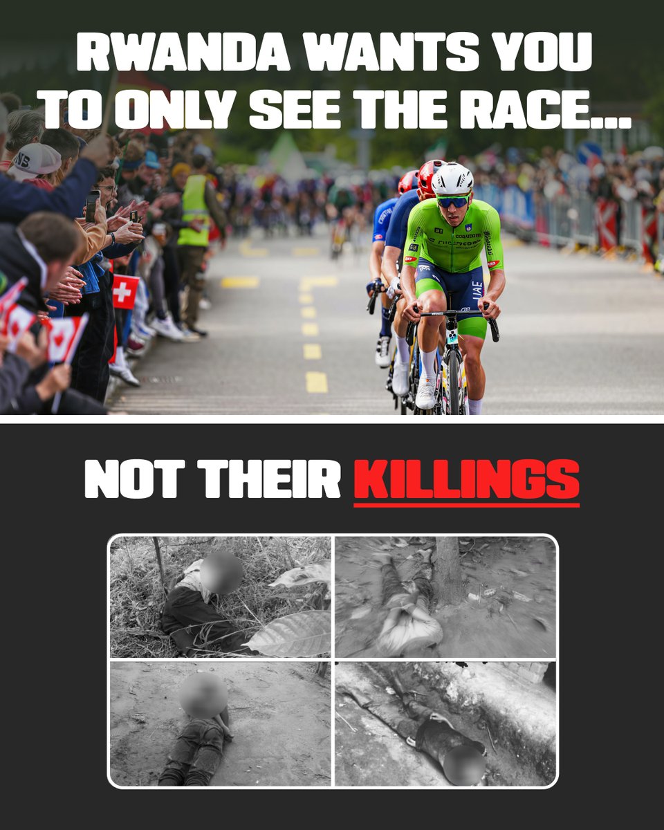 EyeOnRwanda's tweet photo. Rwanda is hosting the 2025 World Cycling Championships. The regime wants applause from people in the west, but behind the shiny PR is a record of murder, disappearances & mass graves. 

This is sportswashing. And the world is falling for it. #Kigali2025

@DLappartient @UCI_cycling @demivollering @ElisaLongoB @FERRANDPREVOT