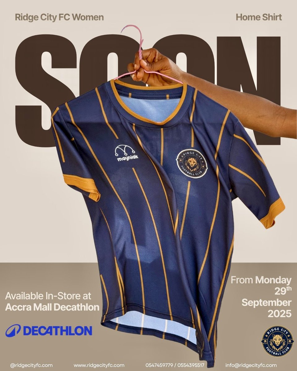 RidgeCityFC's tweet photo. 𝐁𝐨𝐥𝐝 &amp; 𝐃𝐢𝐫𝐞𝐜𝐭 👕 

The wait is over! 🎉 

From 29th September, step into Decathlon, Accra Mall and grab the brand-new Ridge City FC kit for a 🆒 ¢250. 

𝐋𝐢𝐦𝐢𝐭𝐞𝐝 𝐬𝐭𝐨𝐜𝐤. 
Maximum style. 
Panthers only. 🐆💛💙

#RCFCW #NewKit https://t.co/HW01rYlhPy