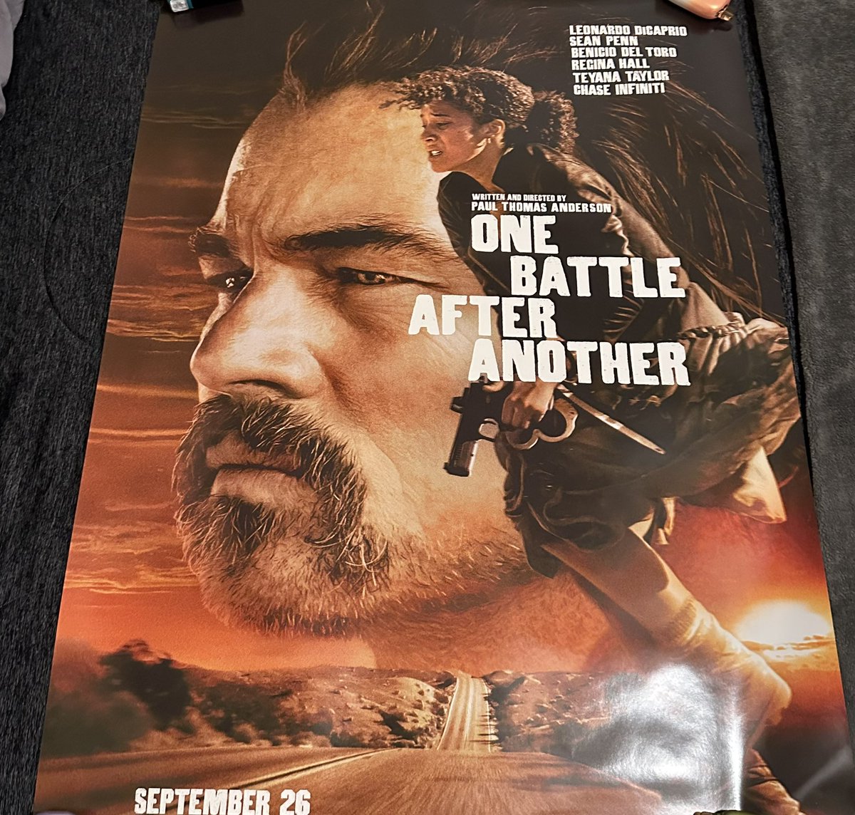 Marxz916's tweet photo. This shit is getting FRAMMED! #OneBattleAfterAnother hopefully it’ll be signed by @PTAnderson @LeoDiCaprio #BenicioDelToro #seanpenn @TEYANATAYLOR #woodharris #reginahall one day! #PaulThomasAnderson https://t.co/xSRyaw5kmq