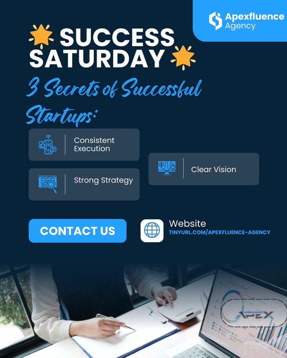 ApexfluenceA's tweet photo. 🌟 Success Saturday:
3 secrets of winning startups:
1️⃣ Clear vision
2️⃣ Strong strategy
3️⃣ Consistent execution

We help you build yours 🚀 DM “SUCCESS” today.
#SuccessSaturday #StartupTips https://t.co/8oJiW1flbG