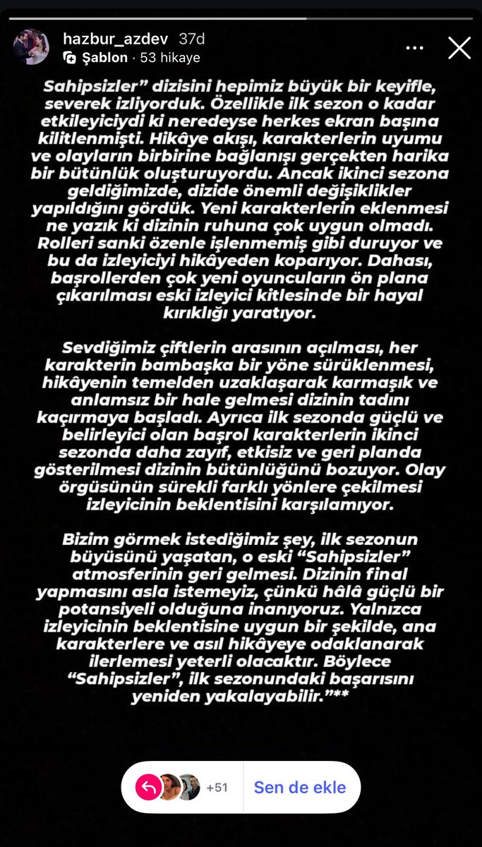 İnst:hazbur_azdev  
Firuze ve kızını merkez yapmanızı anlayamıyoruz Firuze Cevdet’in yerine geldiyse Cevdet böyle ön planda değildi ve yapıcıydıFiruze yi geri plana atınBaşrollere güzelleterek sevdiremezsiniz diziden soğuttunuz seyirciyi hevessizleşti  #Sahipsizler #AzDev #ZelYus
