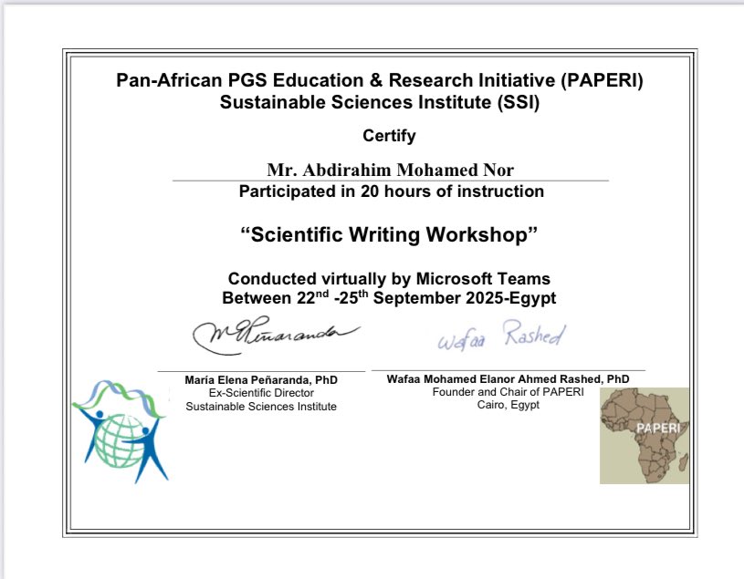 🎓📚 Excited to complete the Scientific Writing Workshop (Sept 22–25, 2025), organized by @PAPERI_Africa &amp; @SSIglobal.

Grateful to Dr. Wafaa M. Rashed, Dr. José G. Suárez (Willy), and Dr. María Elena Peñaranda for their guidance. 🌍✍️

#ScientificWriting #Research #Africa