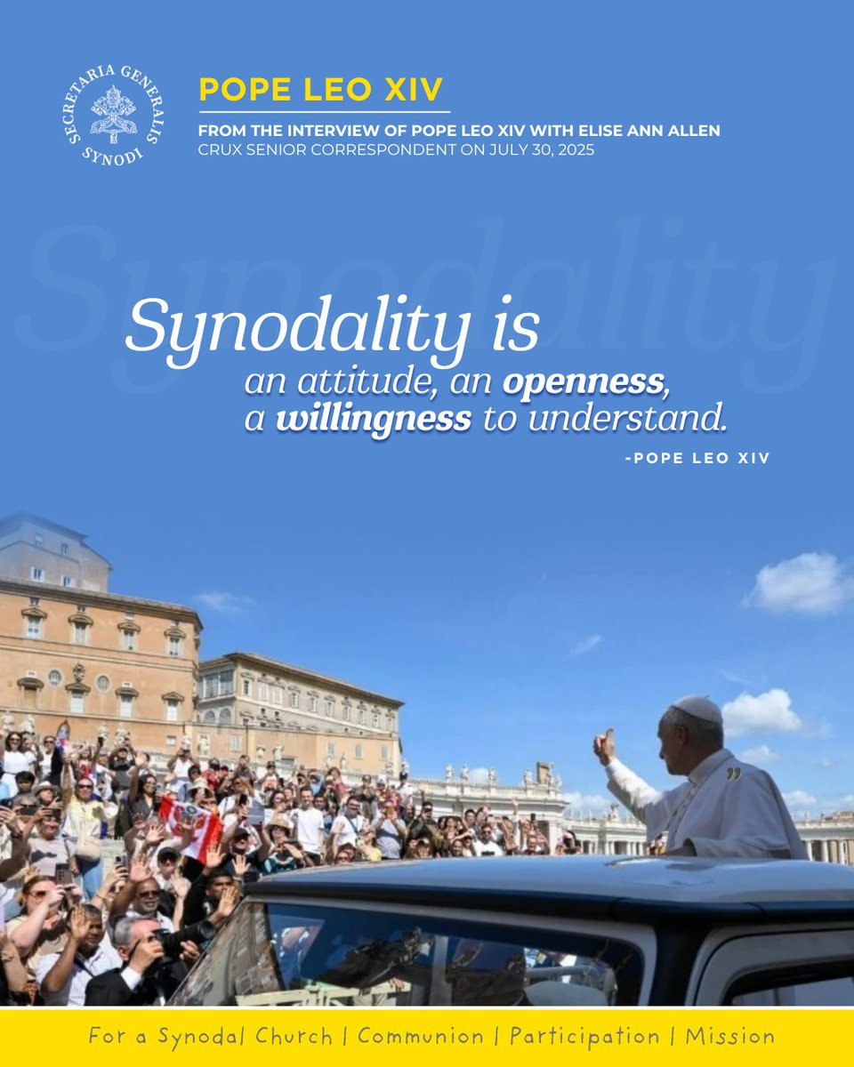 Synod_va's tweet photo. ‘#wetogether’, ‘our church’ - #PopeLeoXIV. In a recent two-part interview with Crux Senior Correspondent Elise Ann Allen, Pope Leo XIV was asked How would he define #Synodality especially when the concept of #synodality is still something many people struggle to understand. https://t.co/q1kIwYdP4t