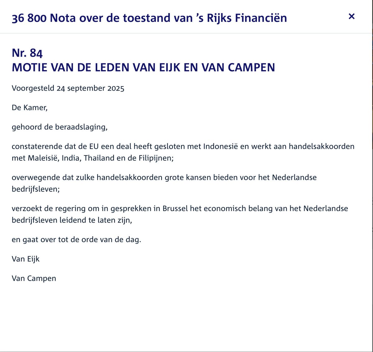 #EU #ASEAN #India: 2,6 miljoen full-time banen in Nederland gelinkt aan export (CBS). <a href="/ThomvCampen/">Thom van Campen</a> en <a href="/wveijknagel/">Wendy van Eijk</a> (beiden #VVD) onderstrepen via motie in Tweede Kamer het economische belang van handelsverdragen met #Indonesië, andere ASEAN-landen en #India. Dinsdag as stemming.