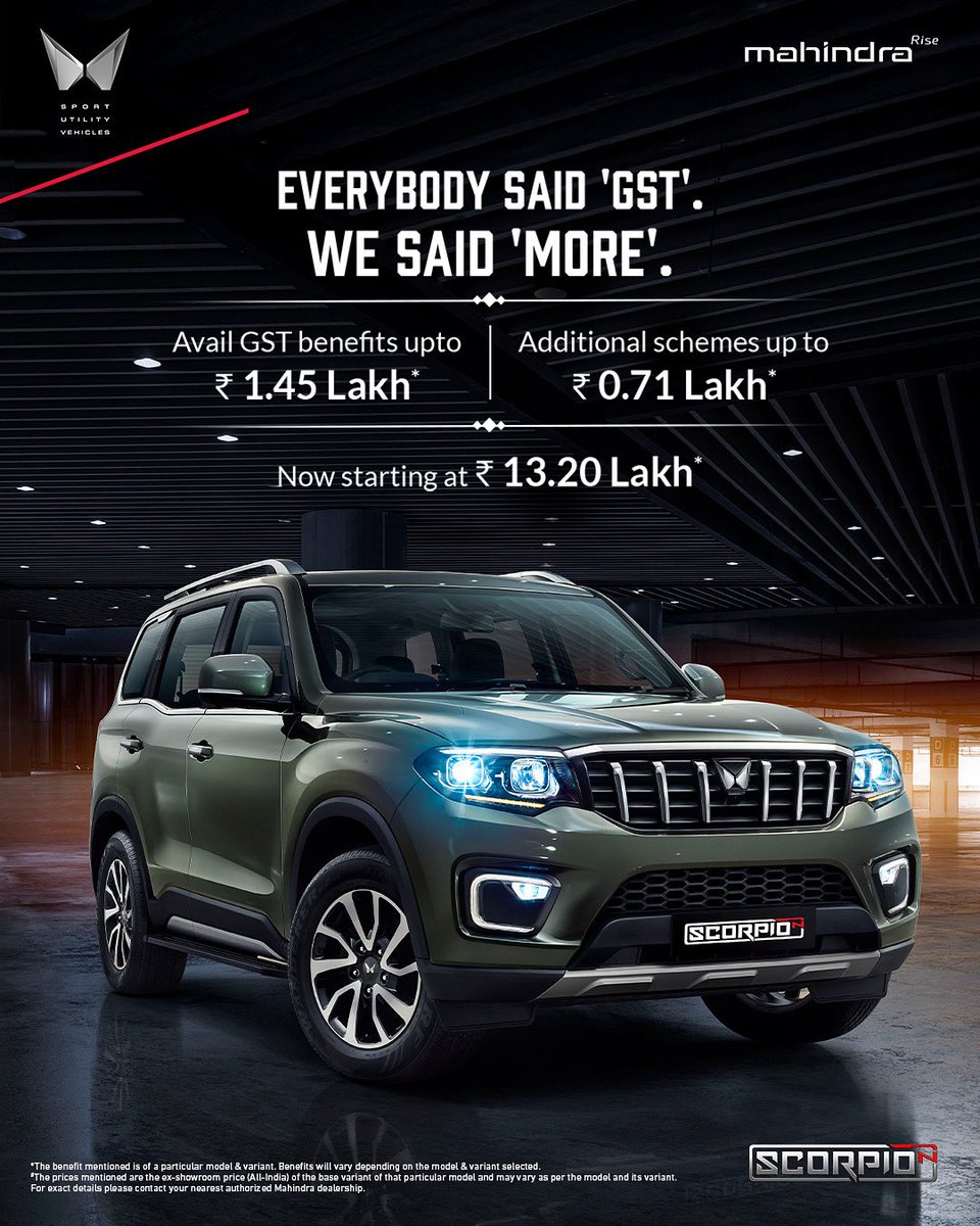 MahindraScorpio's tweet image. More muscle. More dominance. More reasons to amp up the festivities.
Avail GST benefits worth ₹1.45 lakh* on the Scorpio-N and additional benefits of 0.71 lakh* with total benefits up to 2.16 lakh*.