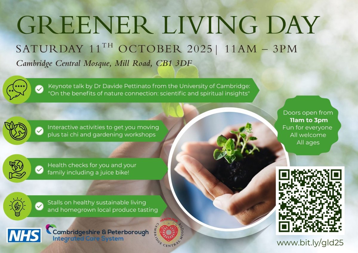 Greener Living Day: You’re Invited! Discover healthier, sustainable living at Cambridge Central Mosque – free health checks, activities &amp; expert talks. Saturday 11 October, 11AM - 3PM.

Find out more here:
bit.ly/gld25