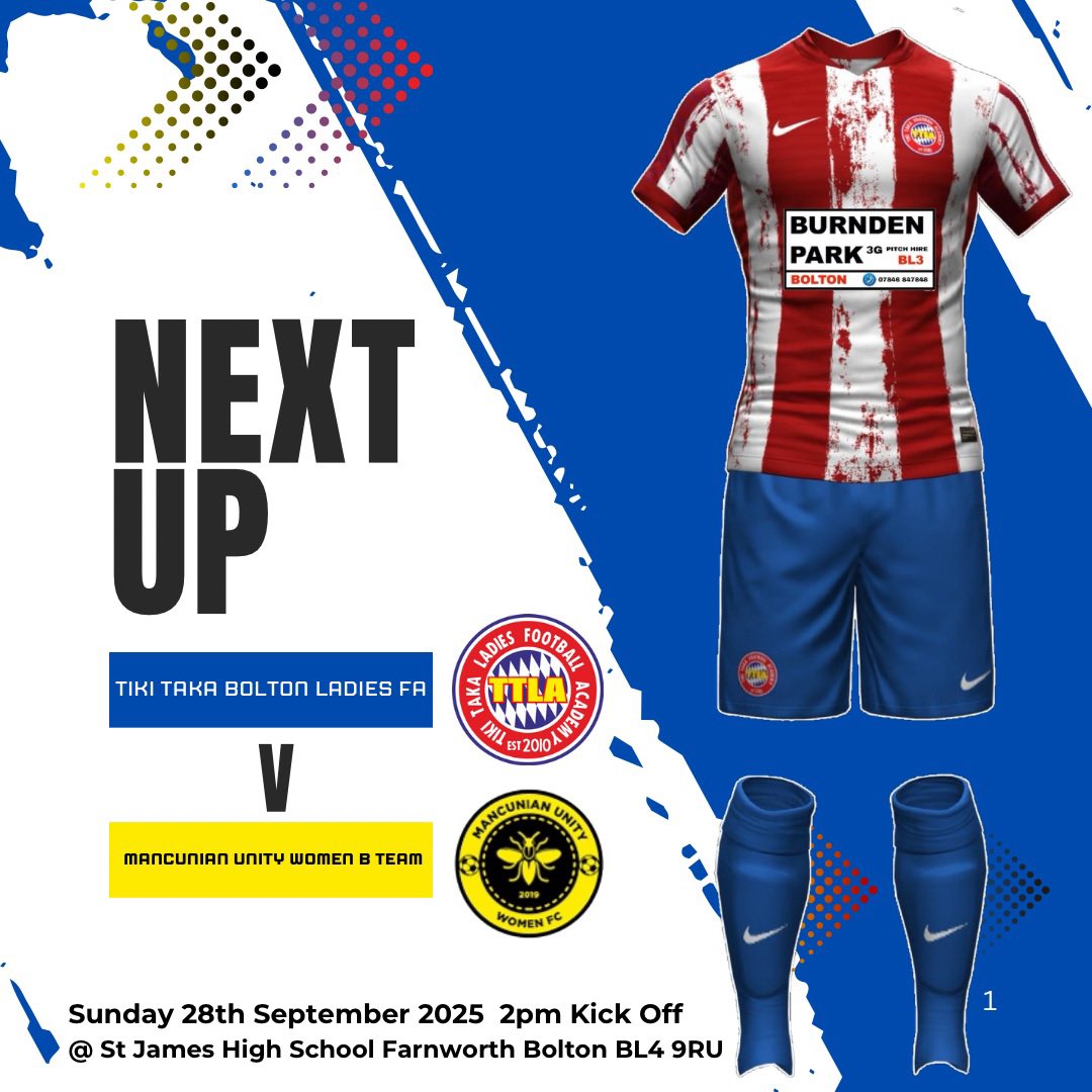 Home game alert! 

The Tiki Taka Ladies FA are ready to play Mancunian Unity B this weekend. 

We need your support Sunday ! 
Join us at 2pm 

St James High School 
Farnworth 
Bolton 
BL4 9RU.

☎️ 07527 256029 for more info about our female teams