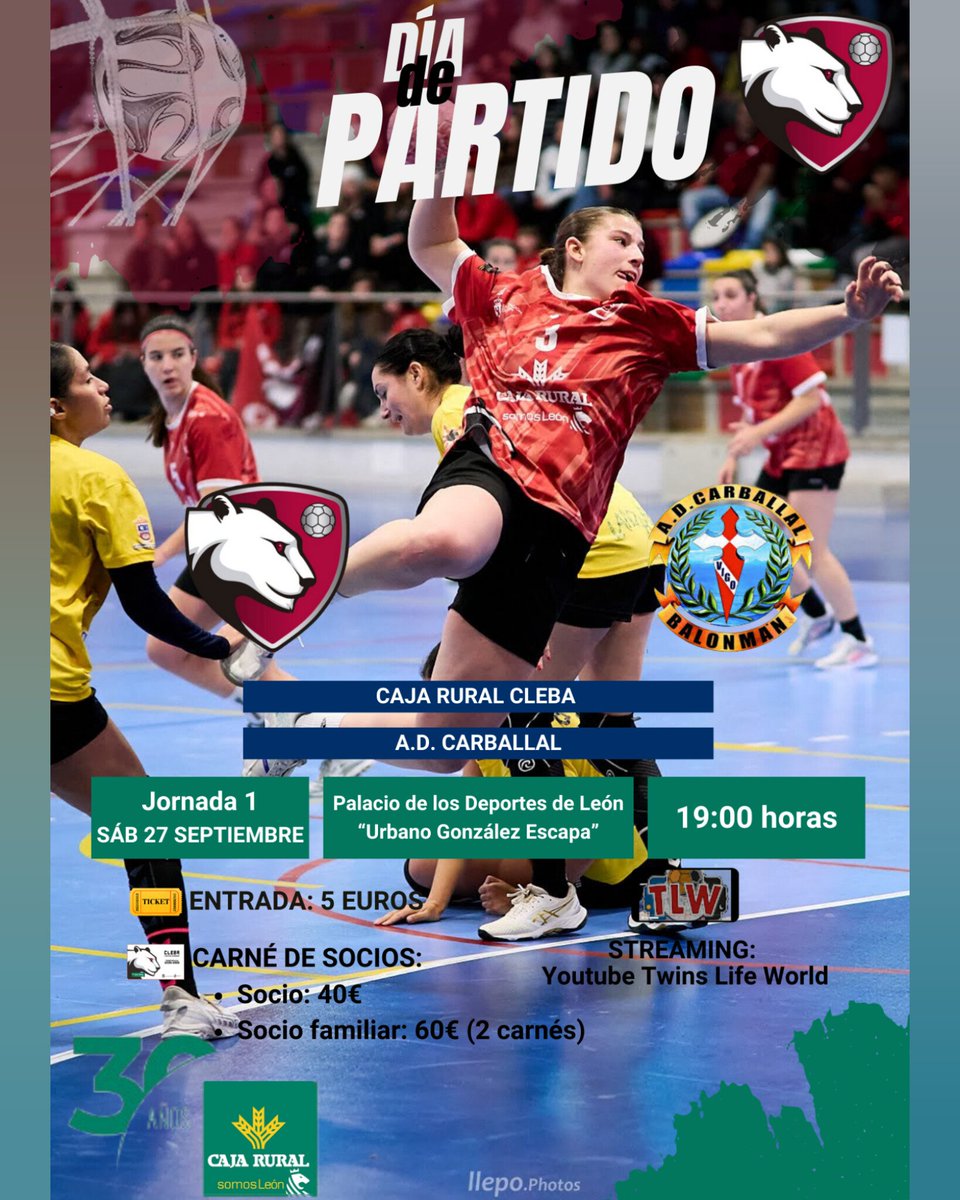 🔴⚫ ¡HOY JUGAMOS!⚫🔴
Día de partido Liga #DHOroFem 
Nos vemos en el Palacio.

🗓 Jornada 1
⌚ 19:00h 
🏟 Palacio de los Deportes  “Urbano González Escapa”
🆚 @adcarballal
📱youtube.com/live/-fFmMWIxr…

#cleba #clebaleón #garracleba #CajaRuralconelDeporte #balonmano  #LeónEsp