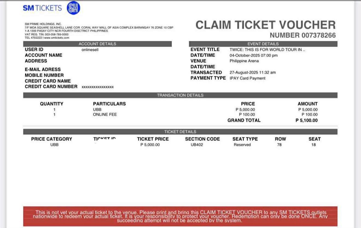 reversedpsych's tweet photo. wts lfb ic twice ph 

twice this is for world tour in bulacan 
✨1 UBB 402 Row 78 Seat18

- srp + online fee
- unclaimed, can claim together 
- meet up around sm moa and sm manila
- rfs: seat upgrade https://t.co/7SjNjpIsUw
