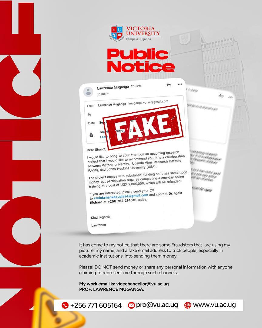 ReachDrMuganga's tweet image. My only official work email is vicechancellor@vu.ac.ug.
Any other claiming to be mine is fraudulent.