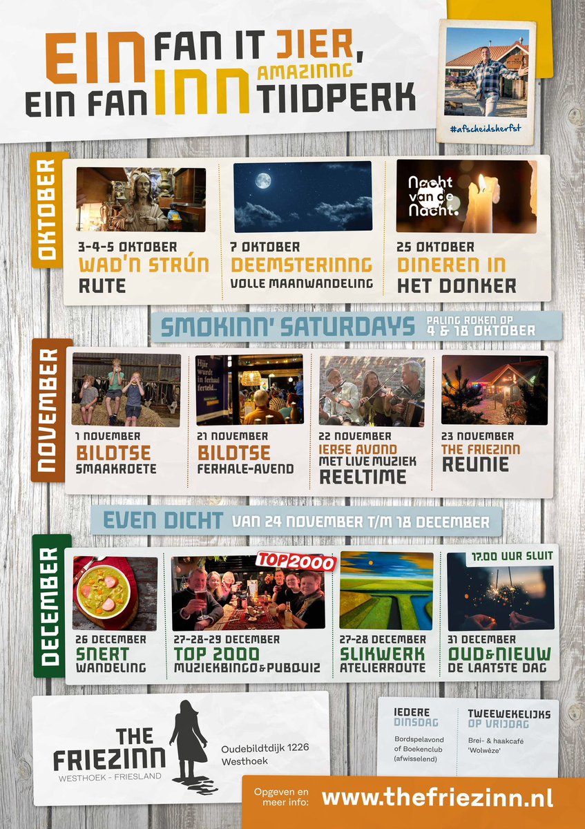 ✍️BEGIN 2026: NIEUWE EIGENAAR THE FRIEZINN 

The Friezinn is verkocht, er komt een nieuwe eigenaar. Daarom is het tijd voor een afscheidsherfst voor herbergier Douwe Gerlof Heeringa

Alle info en meer: thefriezinn.nl/amazinng