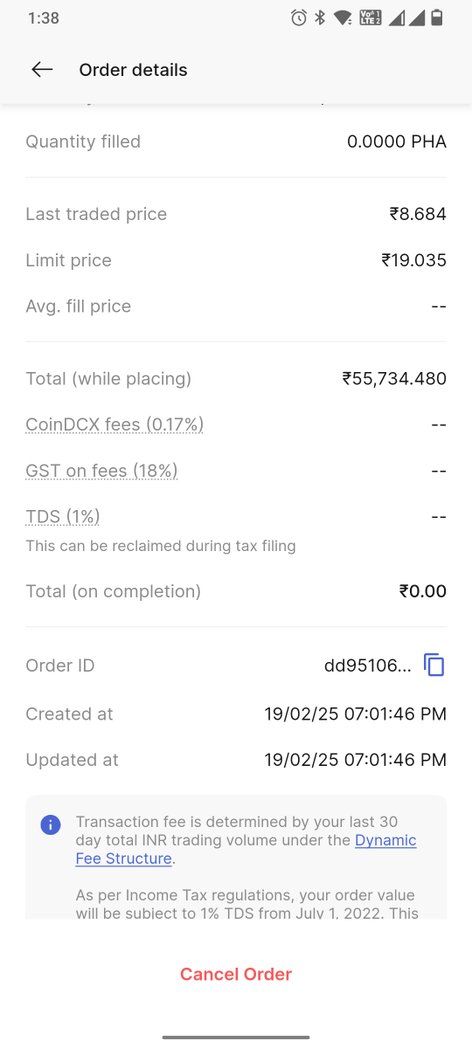 range_13's tweet image. @smtgpt I have placed a limit order of PHA coin to sell on 19-02-2025 at 19.035 limit price. However on reaching the price at 30.197 on 25 Sept 2025, my order was not executed, why whereas my limit price was Rs.19.035/-. The screenshot may be seen in the claim...