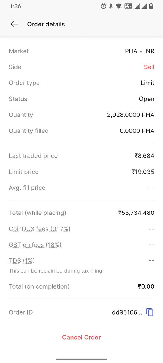 range_13's tweet image. @smtgpt I have placed a limit order of PHA coin to sell on 19-02-2025 at 19.035 limit price. However on reaching the price at 30.197 on 25 Sept 2025, my order was not executed, why whereas my limit price was Rs.19.035/-. The screenshot may be seen in the claim...