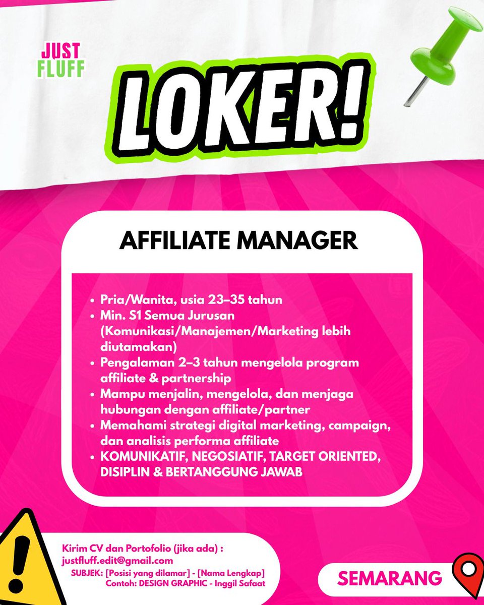 lokersemarang's tweet photo. JUST FLUFF lagi #Hiring! 🚀

📍 Penempatan: Semarang
📧 Kirim CV &amp; portofolio (jika ada) ke: justfluff.edit@gmail.com
Subjek email: [Posisi] - [Nama Lengkap]

#LokerSemarang  #ManagerProduksi #ProductDevelopmentManager #AffiliateManager #KarirSemarang #InfoLoker #LokerFMCG https://t.co/H29Va4Uizs