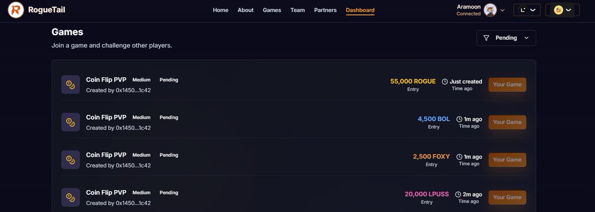 Play with $ROGUE, $BOL, $FOXY &amp; $LPUSS on <a href="/RogueTail/">RogueTail</a>.  🫴🪙

Powered by Linea 🤝
