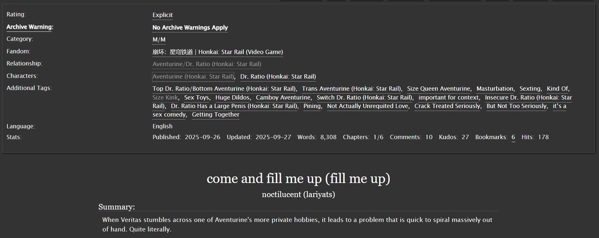 🔞'come and fill me up (fill me up)'🔞

chapter 1! (8.3k)

#ratiorine

ft.
- trans size queen camboy aven
- insecure huge cock ratio
- whatever the equivalent of bad dragons r in hsr
- pining and sopping wet cat ratio

🔗: archiveofourown.org/works/71396531…
