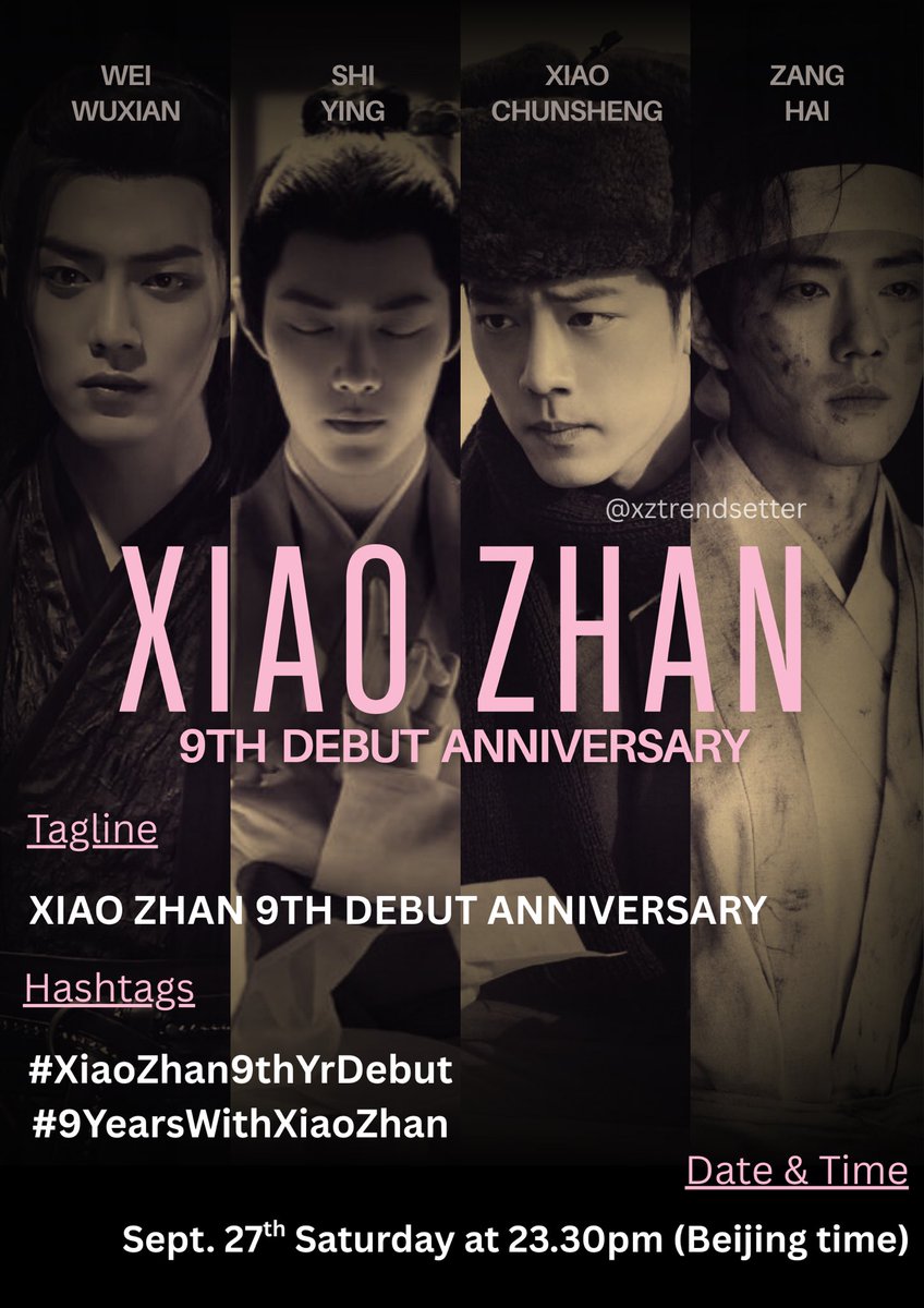 We have a beautiful trending party coming up tonight! Xiao Zhan has worked hard, has always and continuously give his all. Let’s celebrate his debut together!

Let’s trend by midnight! 

Date: Sep 27th, 2025 (Saturday)
Time: 23:30PM Beijing time

#XiaoZhan 
#XiaoZhan肖战
