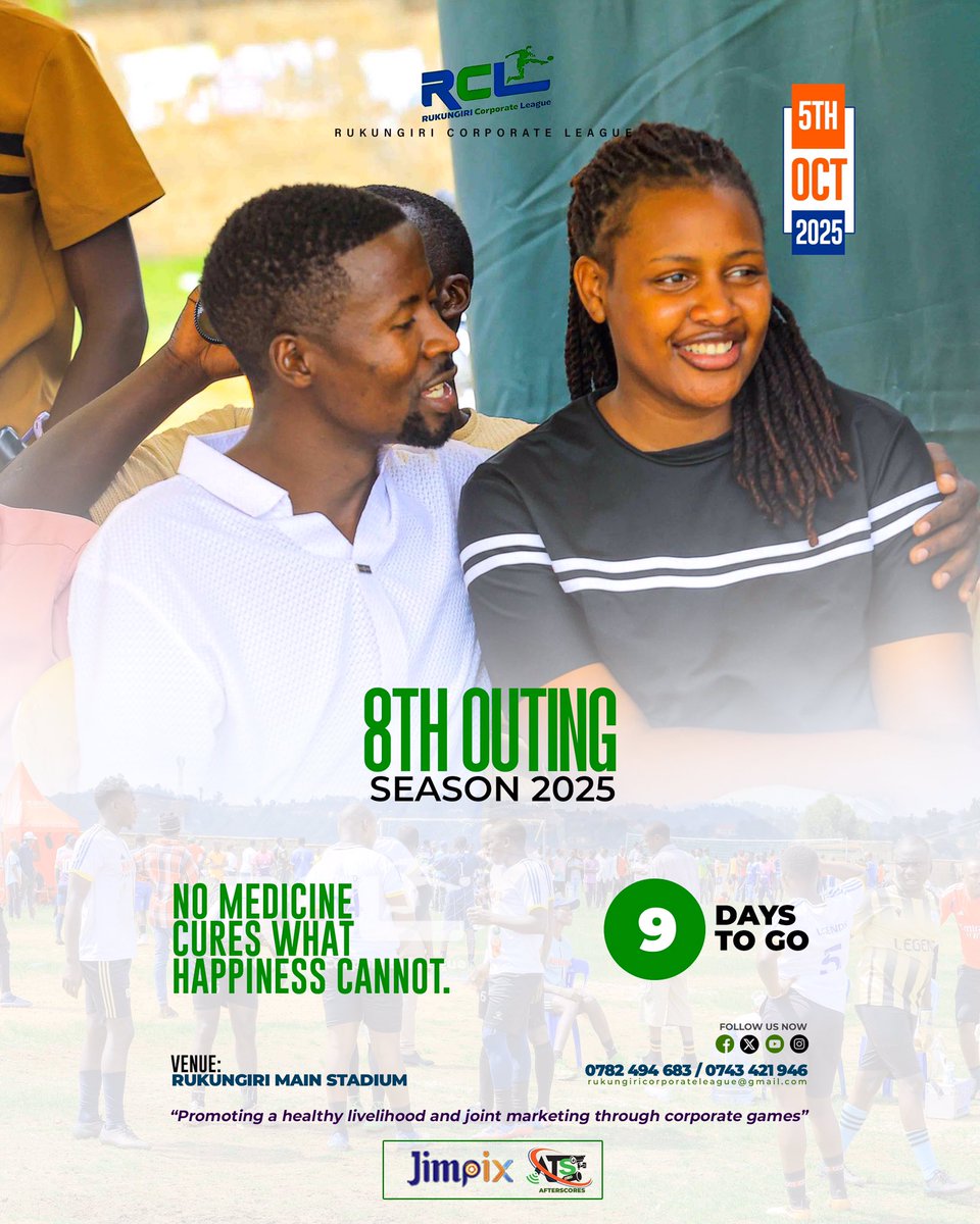 No medicine cures what happiness cannot.
10 days on the count down.
Don’t miss to be part of us in the 8th outing.

🗓 05/10/2025.
🏟 Rukungiri Main Stadium.

 ✅ Free entry for the general public 

Experience a full year of corporate sports.
#RukungiriCorporateLeague2025.