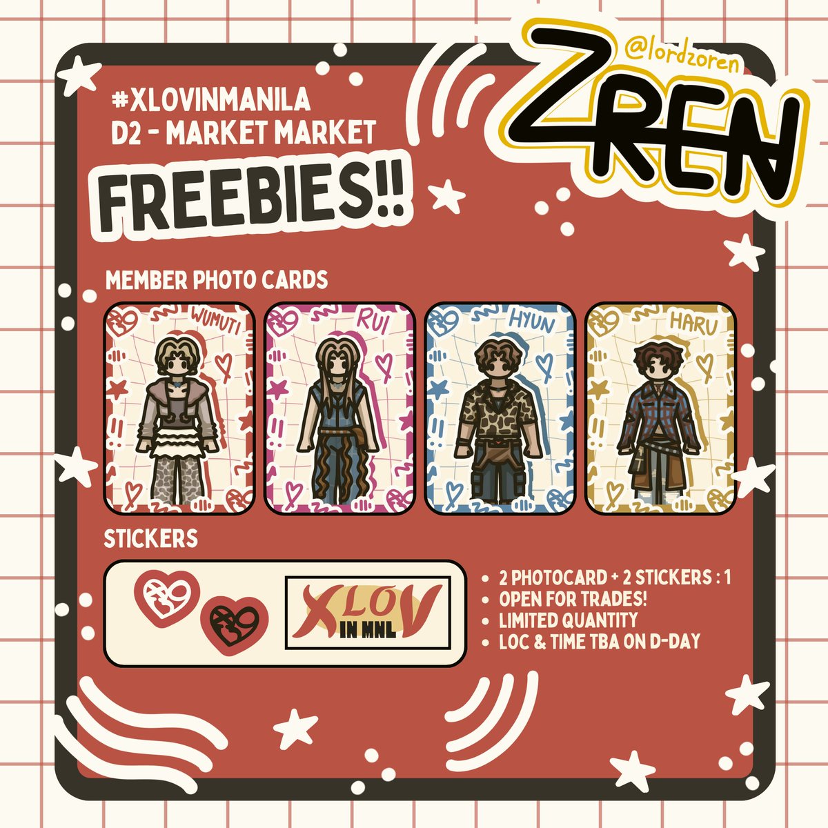 lordzoren's tweet photo. #XLOVinManila FanSupport by zoren!

Giving away some XLOV art prints/photocards and stickers at Market Market!

- 2 Photocards + 2 stickers: 1
- limited stock~
- open for trades!
- loc TBA 
- like &amp; RT
- D2 (Oct2) Only

#XLOV1stMallTourPH https://t.co/LeuXW4qKMH
