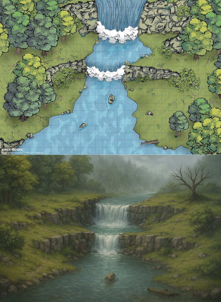 DMImprov's tweet photo. #GM #AI Tip #AIArt #RPGMap  
Transform the top-down RPG battle map into a scenic, angled terrain illustration to give players a realistic visual of the environment.
Top = RPG battle map
Bottom = AI reimagined of what the terrain looks like. 
See comments below to see prompt. https://t.co/njPxi9m0zp