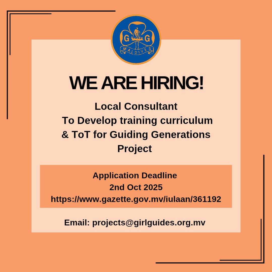 📢 We’re Hiring!

MGGA is looking for a Local Consultant to develop a training curriculum for our “Guiding Generations” project on elderly care &amp; intergenerational bonding.

🗓 Deadline: Oct 2, 2025
🔗Info:gazette.gov.mv/iulaan/361192
📧 projects@girlguides.org.mv
