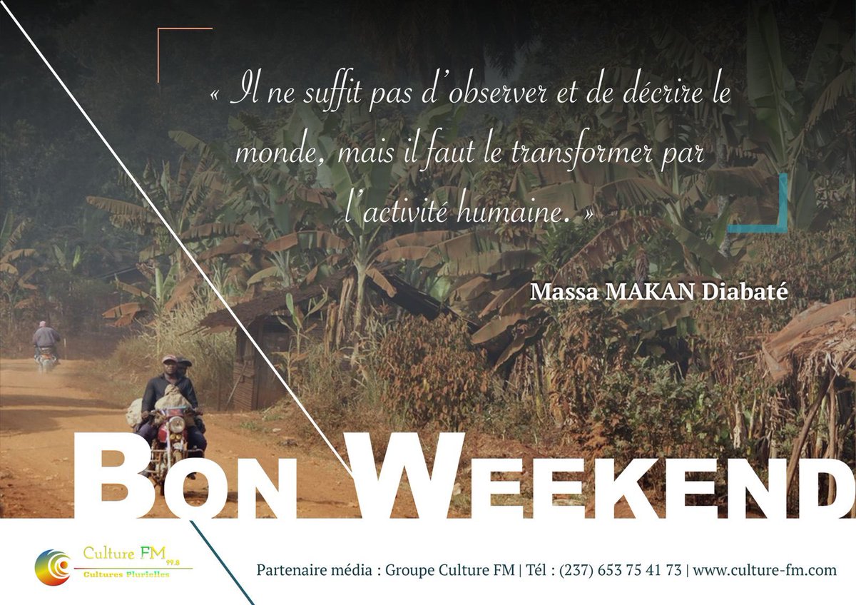 Ce weekend, cessons d'être de simples spectateurs. C’est l’occasion de construire, de créer ou de semer une idée; la transformation du monde commence par nos actions, aussi petites soient-elles. 
Alors à l’action !

#Bonweekend
#citation
#action
#Eséka
#CultureFM