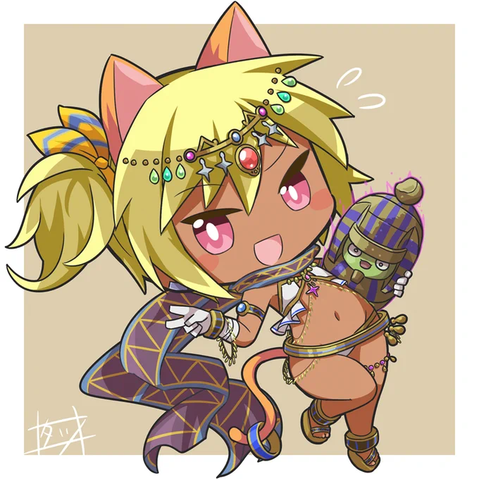 「あっははは…ピラミッドでお宝頂戴してたらドジ踏んで呪われて、褐色エジプト猫耳口リになっちゃった」 #俺タワー #俺タワーイラスト