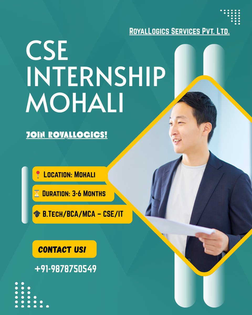royallogics's tweet photo. 🚀 CSE Internship Opportunity in Mohali

Join RoyalLogics for an exciting internship in Mohali, where you’ll gain hands-on experience in software development, web technologies, and real-world projects! 🌐🧠

📩 Drop your resume at: [career@royallogics.com]

#CSEInternship 🚀👨‍💻👩‍💻 https://t.co/6yQZZ6FUZB
