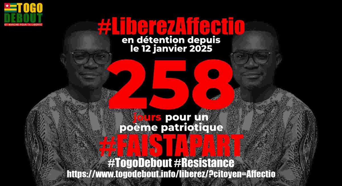 Libérez Affectio / Free Affectio

Affectio est arbitrairement detenu depuis 258 jours

togodebout.info/liberez/?citoy…

#LiberezLesPrisonniersPolitiques
#LiberezAffectio #FreeAffectio
#FreeTogo
#TogoDebout
#FaureMustGo