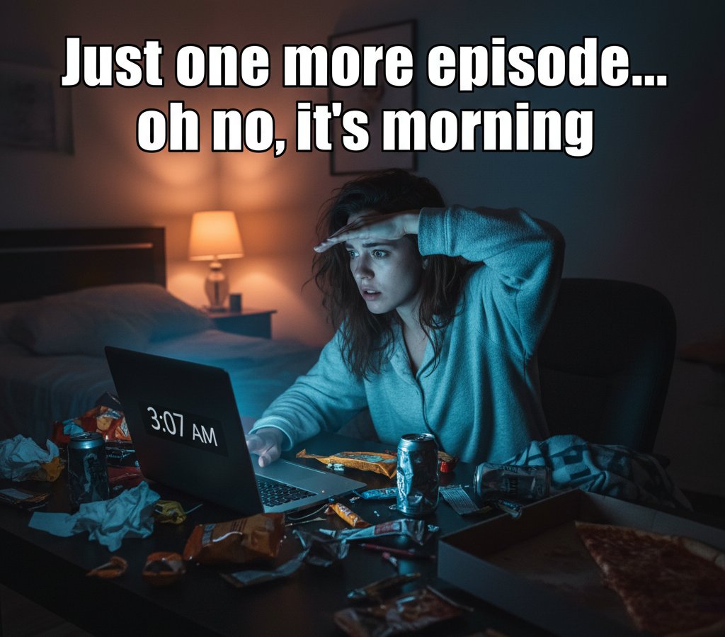 RajKumarSh28's tweet image. : A person dramatically shielding their eyes from their laptop screen at 3 AM, surrounded by empty snack wrappers and energy drink cans, with text that says &quot;Just one more episode... oh no, it&apos;s morning.&quot;
Hashtags: #BingeWatchingProblems #LateNightCreep #NoSleepGang #RelatableMem