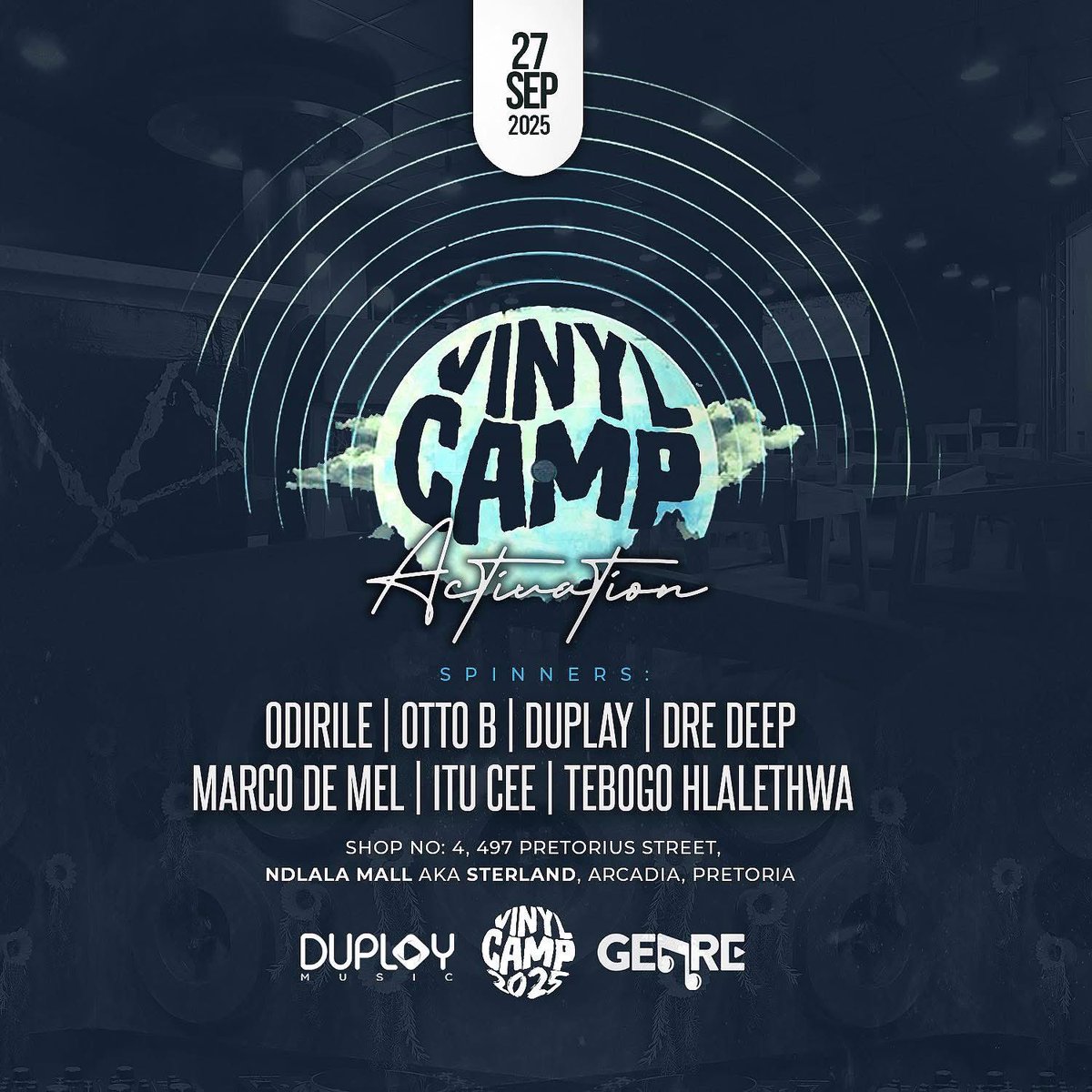 Vinyl Camp Activation Party 
Today, Saturday 27 September ‘25

📍Genre Arcadia Shop no: 4, 497 Pretorius Street, NDLALA Mall aka Sterland, Arcadia, Pretoria.| #VinylMusic #PlasticMusic #VinylCamp2025