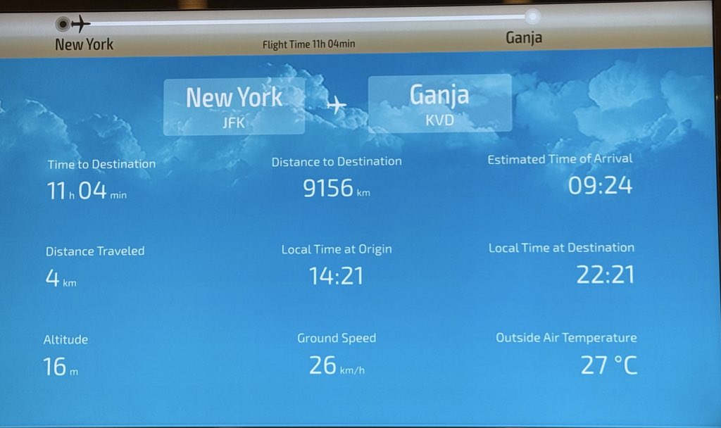 Prezident İlham Əliyevin rəhbərliyi altında Nyu-Yorkda BMT Baş Məclisinin 80-ci sessiyasının açılışında iştirak edən Azərbaycan nümayəndə heyəti - 

27 Sentyabr - Anım Günü
Vətənimiz Azərbaycanda!

Uçuş marşrutu: 
Nyu-York-Gəncə!