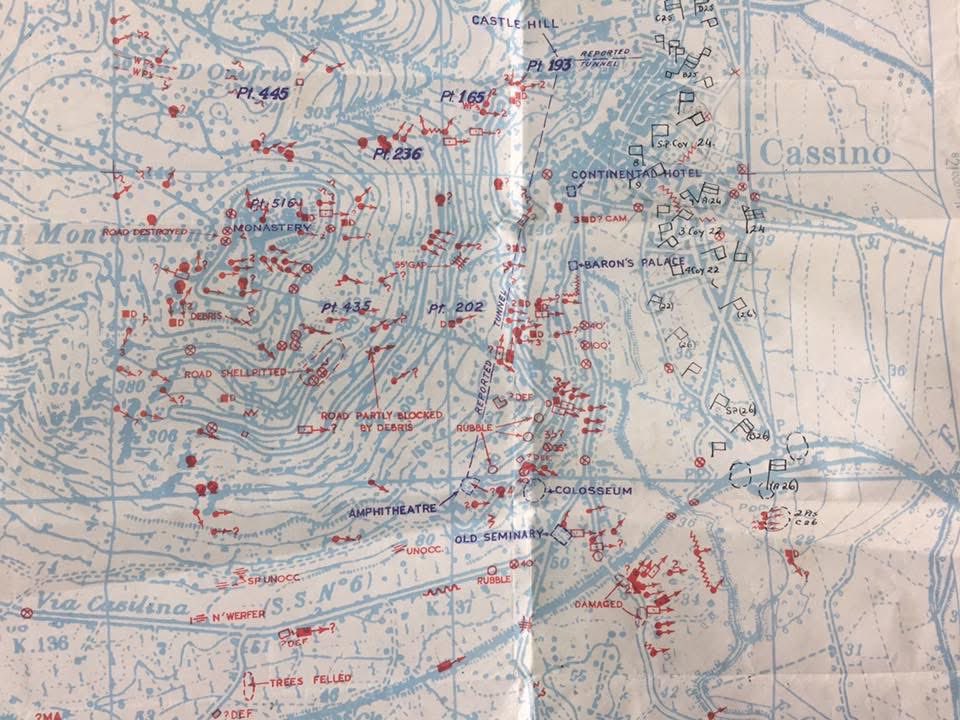 One of the best things about war diaries is you never know what you’ll get. Several years ago I found this map marking all the known German defensive positions around Monte Cassino. Just imagine visiting the area and using this map to find find German positions from 81 years ago!