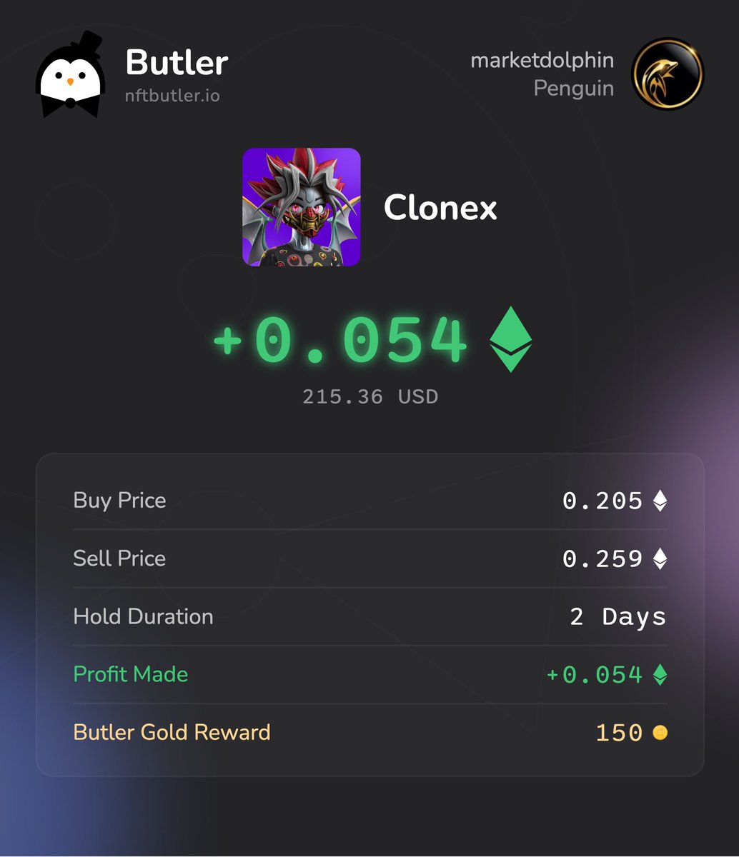 Market_Dolphin's tweet photo. 0.054 Ξ profit on a single trade 💰📈

Sharing my best Flip this month to get fat stacks of 150 Butler Gold 🟠
Stacking profits is so much easier with NFT Butler!🐧

#NFT #NFTCommunity #NFTButler

https://t.co/ltNwWBAr8E https://t.co/0GAhS6GJwj