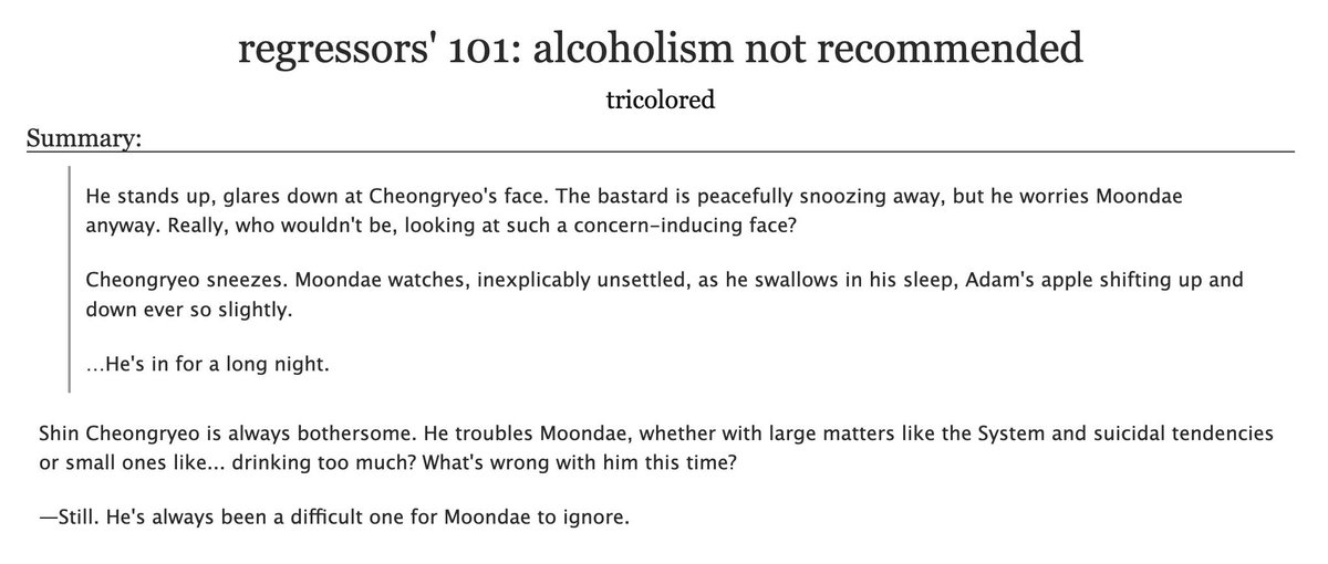 tricoloreds's tweet image. 🍻 regressors' 101: alcoholism not recommended | #dmj

— moondae/cheongryeo (문엋문), 5.7k
— rated teen, post-canon, drunk eot exchange with @dongtruther13