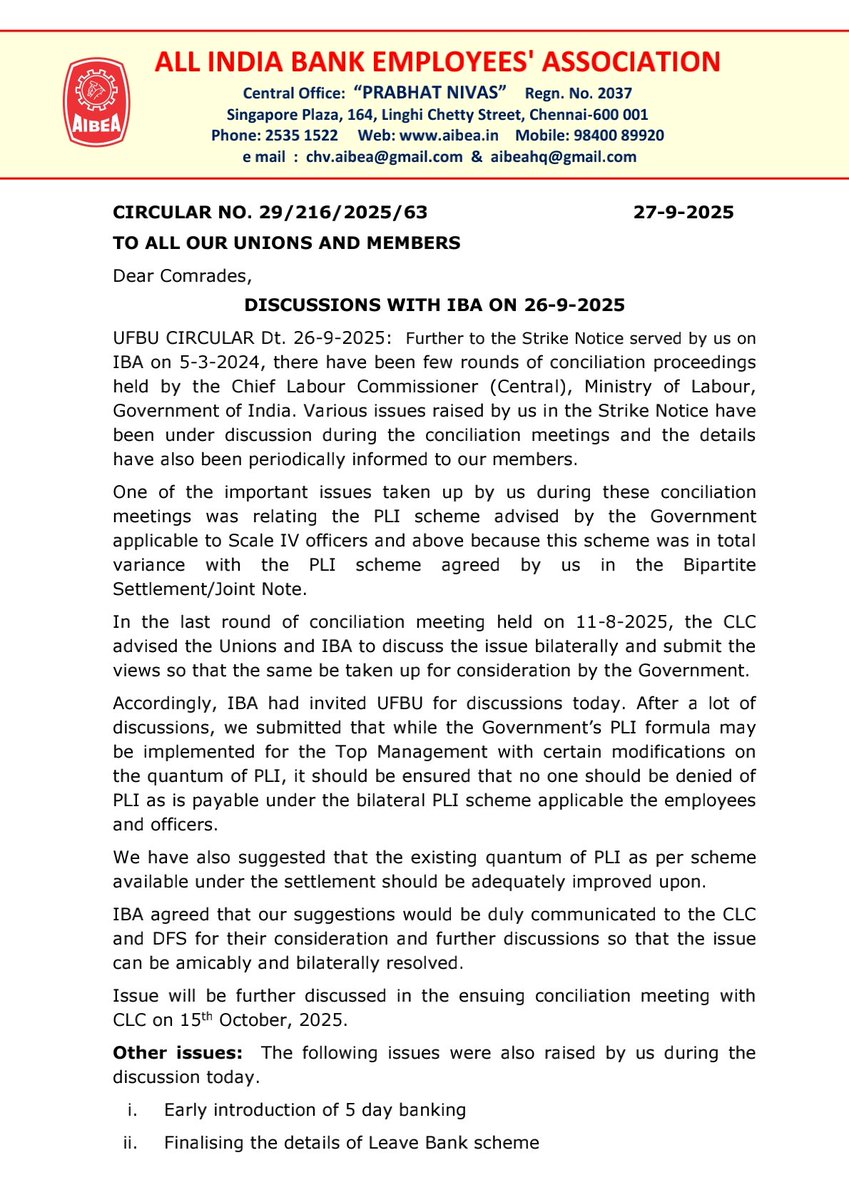 ChVenkatachalam's tweet photo. #AIBEA CIR: DISCUSSIONS WITH IBA ON 26-9-2025 https://t.co/buJOLTtPjI