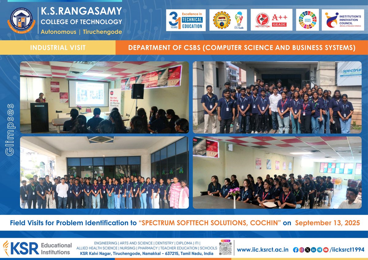 iicksrct1994's tweet photo. Glimpses!

Dept. of CSBS at KSRCT is organized a Field Visits for Problem Identification to the “SPECTRUM SOFTTECH SOLUTIONS, Cochin” on September 13, 2025

#iicksrct1994 #ksrct1994 #ksr #ksrei #CSBS #FieldVisit #ProblemIdentification #SpectrumSofttechSolutions https://t.co/pZUrz1D1fn